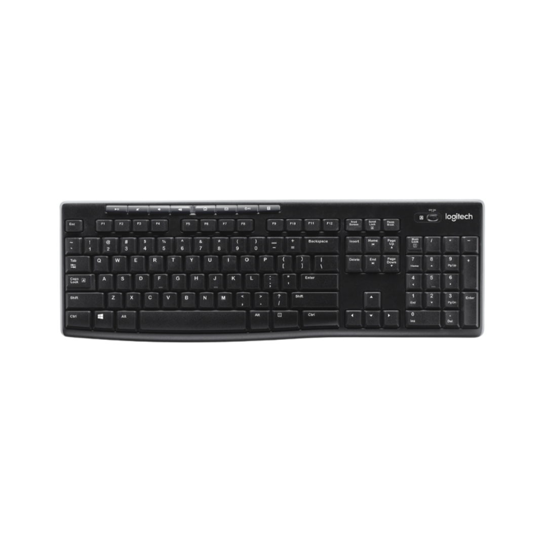 Black Logitech keyboard on a white background